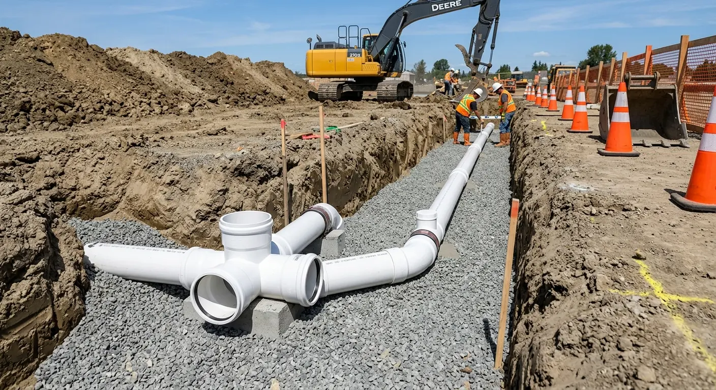 New PVC sewer pipe installation in open trench for Commercial Drain Cleaning in Lebanon